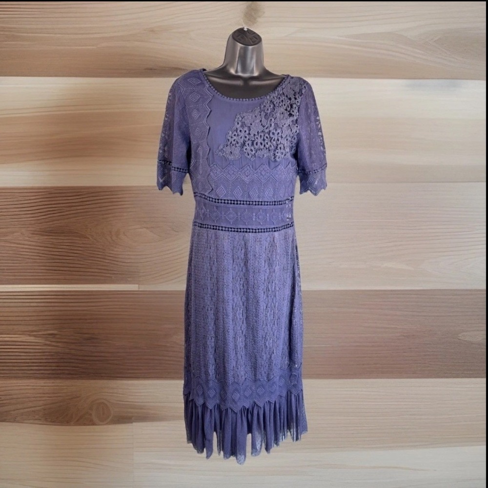 Sundance Smoke Lace Midi Dress 8 Overlay Mesh Navy Blue Romantic‎ Feminine Sheer